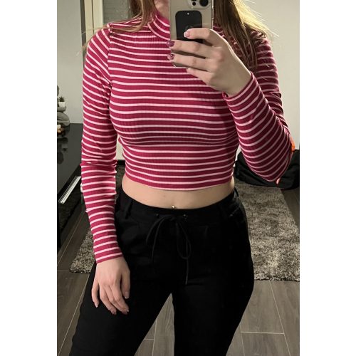 Bordázott csíkos hosszú ujjú crop top